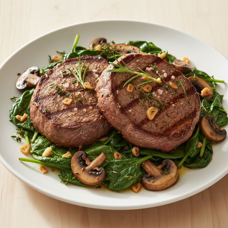 Herb-Grilled Steak with Garlic Sautéed Spinach and Mushrooms