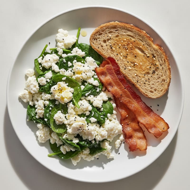 Cottage Cheese and Egg White Scramble with Spinach and Turkey Bacon