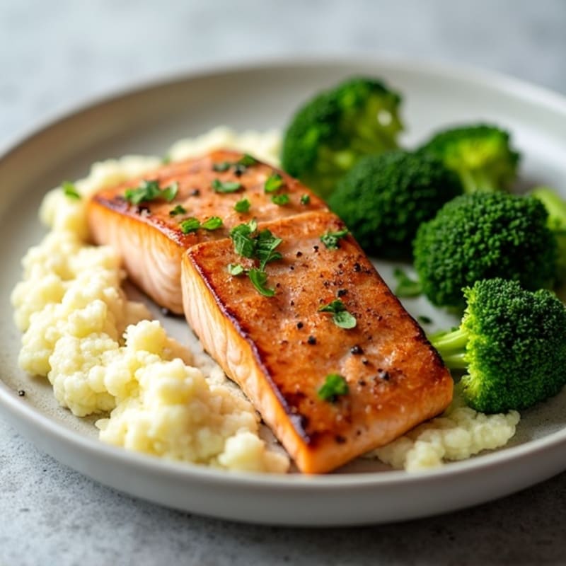 Seared Salmon with Steamed Broccoli and Garlic Cauliflower Mash