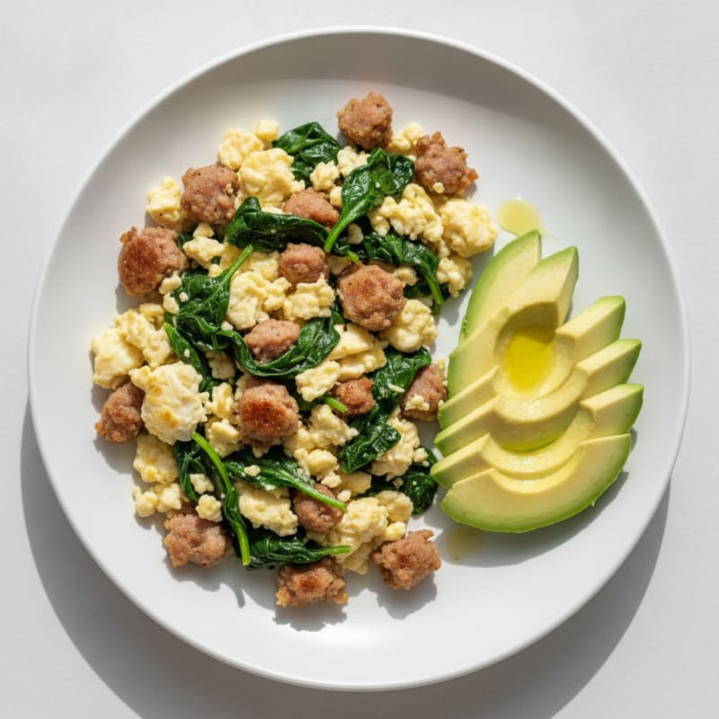 Scrambled Egg Whites with Turkey Sausage and Sautéed Spinach