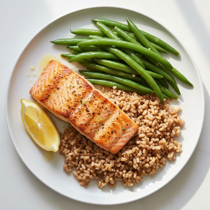 Seared Salmon with Steamed Green Beans and Brown Rice