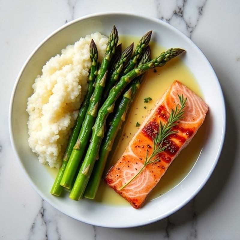 Seared Salmon with Steamed Asparagus and Cauliflower Mash