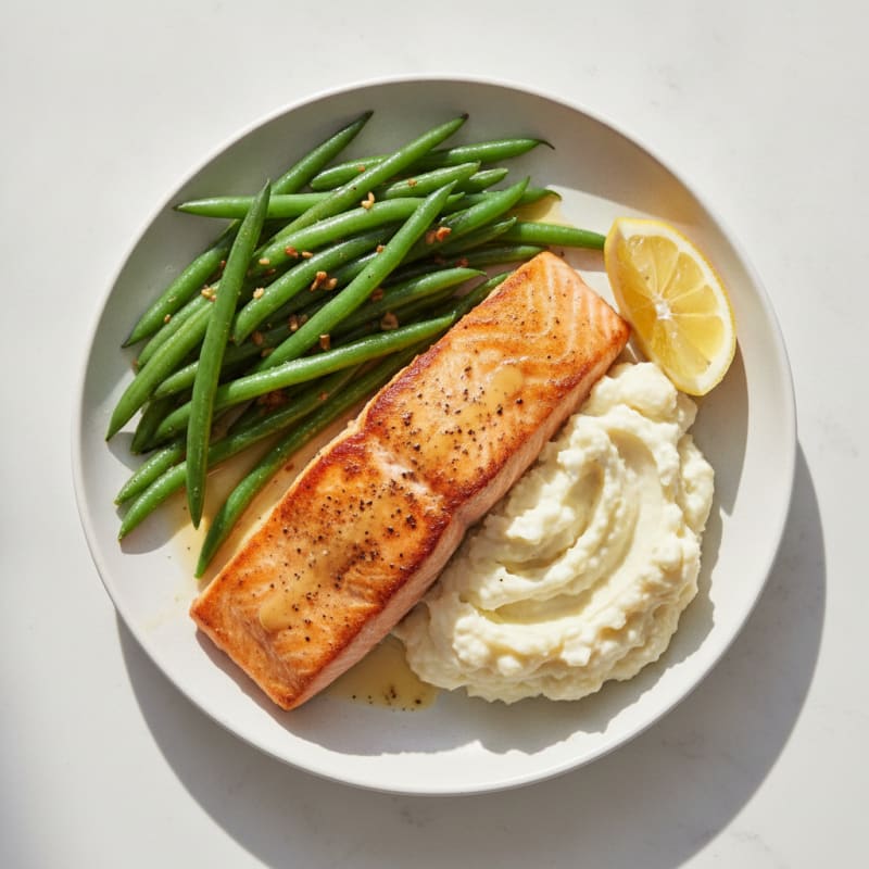 Seared Salmon with Garlic Green Beans and Mashed Cauliflower