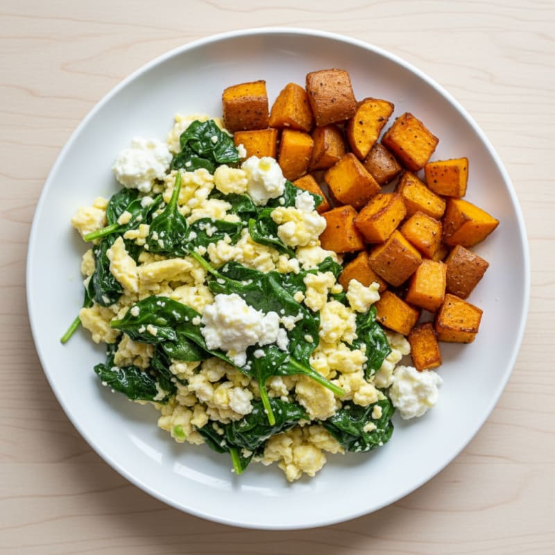 Cottage Cheese Egg White Scramble with Spinach and Roasted Sweet Potatoes