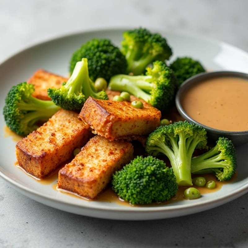 Crispy Baked Tofu with Roasted Broccoli and Peanut Sauce