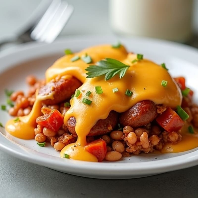 Lean Turkey Chili-Loaded Chicken Sausage with Creamy Cheddar Sauce