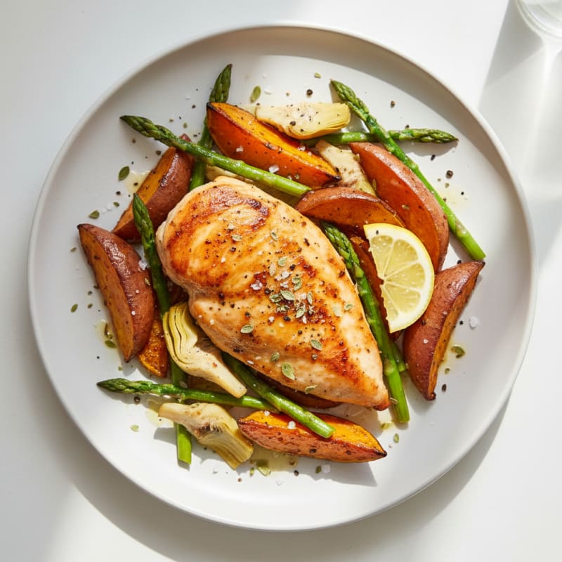 Herb-Roasted Chicken with Caramelized Sweet Potato and Artichokes