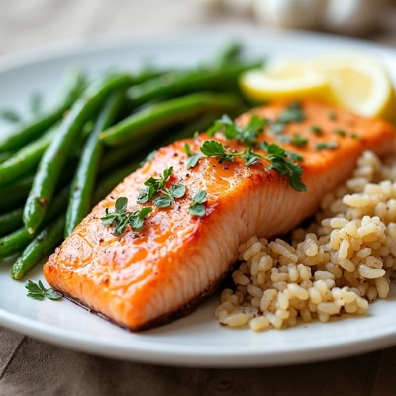 Seared Salmon Fillet with Garlic Green Beans and Brown Rice