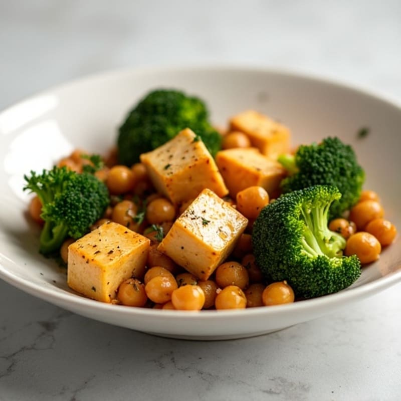 Baked Tofu with Roasted Broccoli and Chickpeas