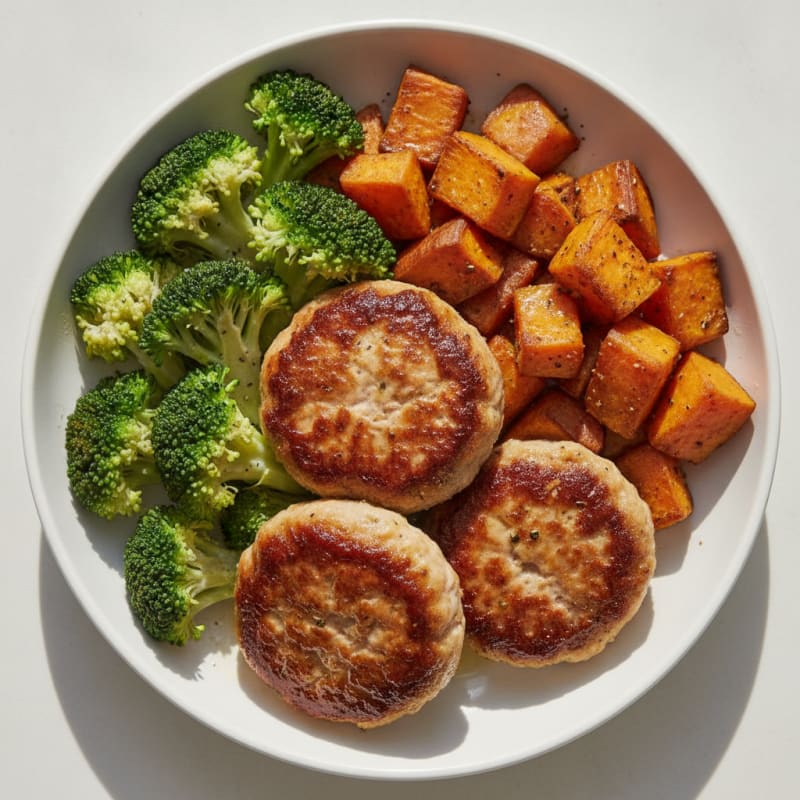 Seared Turkey Patties with Roasted Sweet Potato and Steamed Broccoli