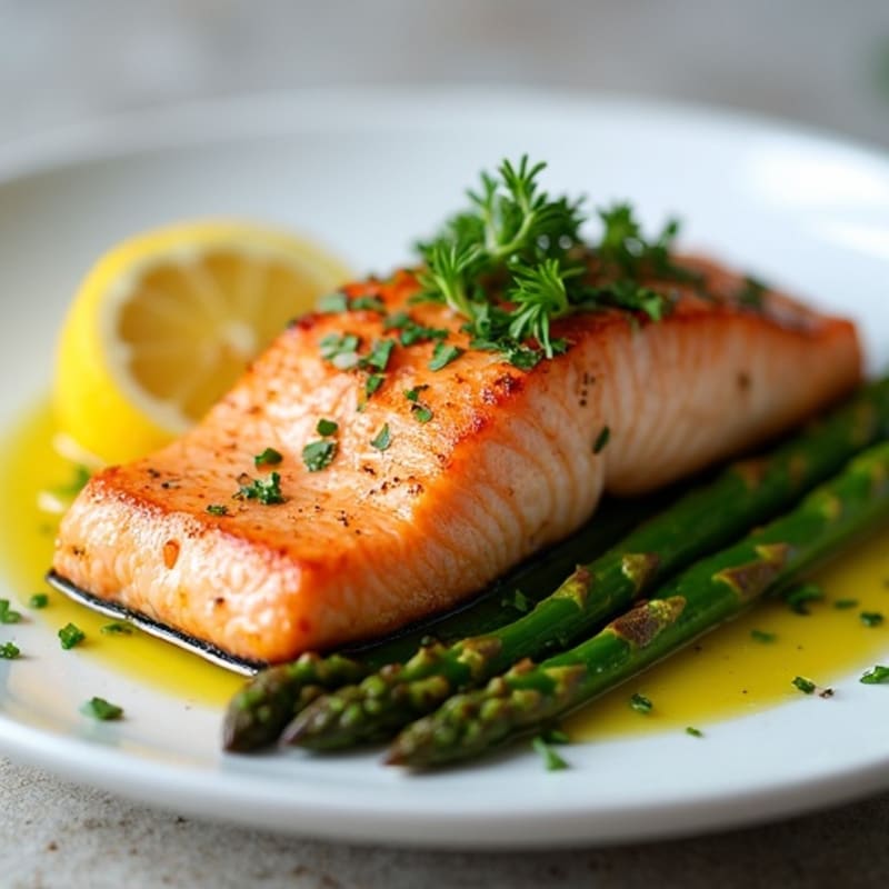 Seared Salmon Fillet with Roasted Asparagus and Lemon