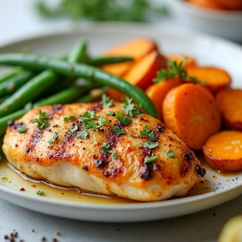 Lemon Garlic Roasted Chicken with Crispy Green Beans and Sweet Potatoes