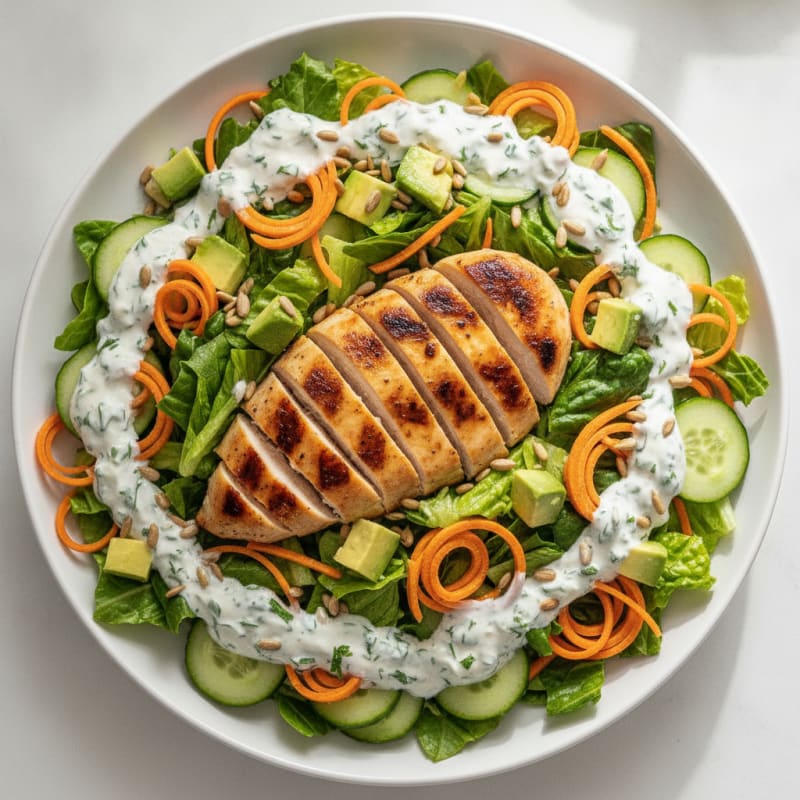 Grilled Chicken Breast Salad with Crunchy Vegetables and Greek Yogurt Dressing