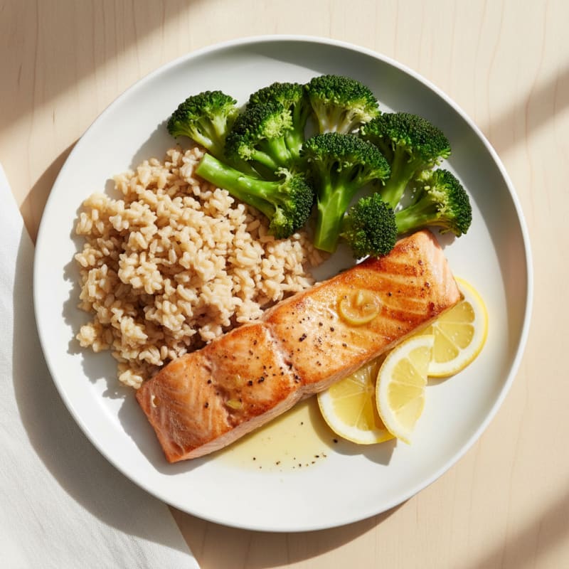 Seared Salmon with Steamed Broccoli and Brown Rice