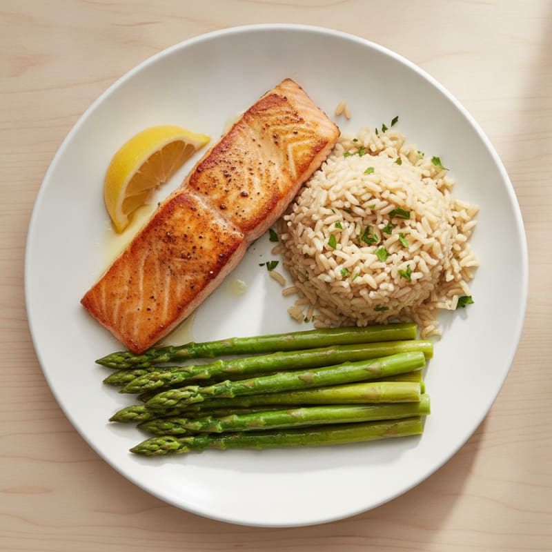 Seared Salmon with Steamed Asparagus and Herb Rice