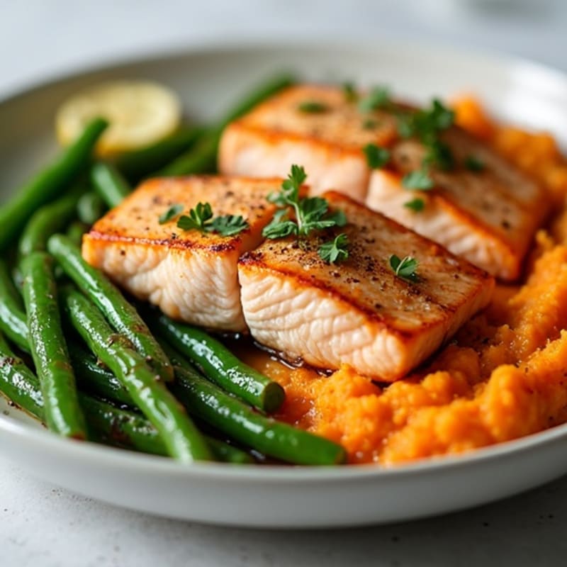 Seared Salmon with Garlic Green Beans and Sweet Potato Mash