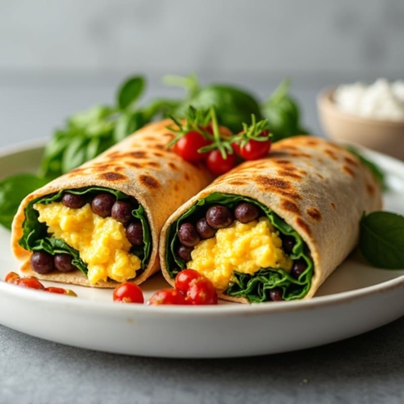 Scrambled Egg and Black Bean Whole Wheat Burrito with Spinach