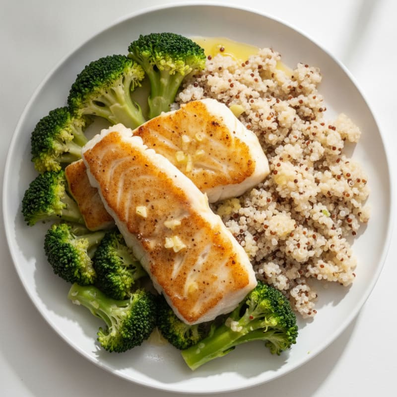 Seared Cod with Steamed Broccoli and Quinoa