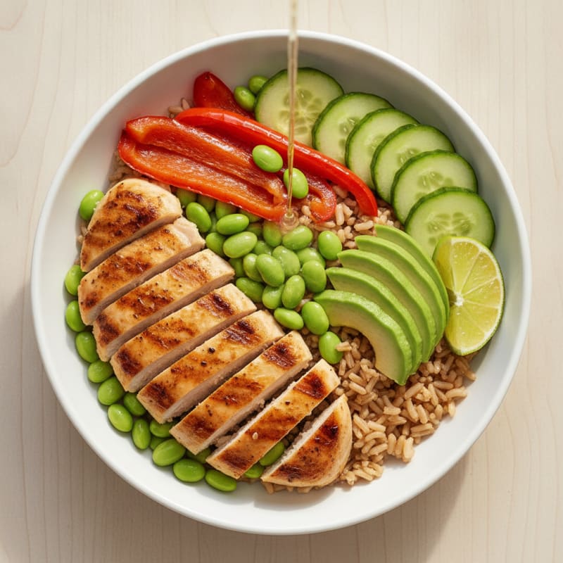 Grilled Chicken and Edamame Rice Bowl with Roasted Peppers and Cucumbers