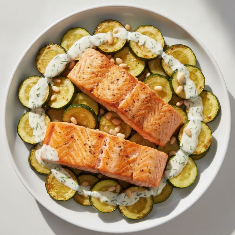 Seared Salmon with Roasted Zucchini and Lemon Herb Yogurt Sauce