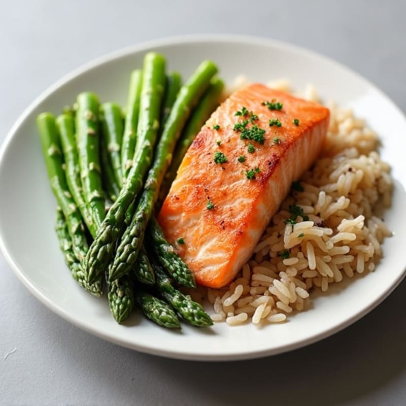 Seared Salmon Fillet with Steamed Asparagus and Brown Rice