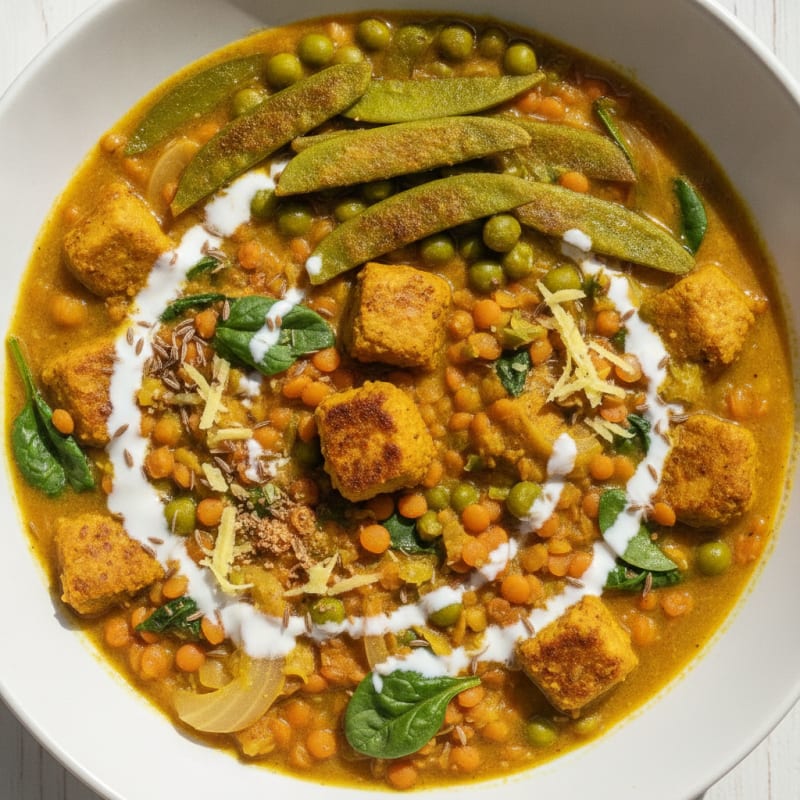 Creamy Red Lentil Stew with Sautéed Green Peas