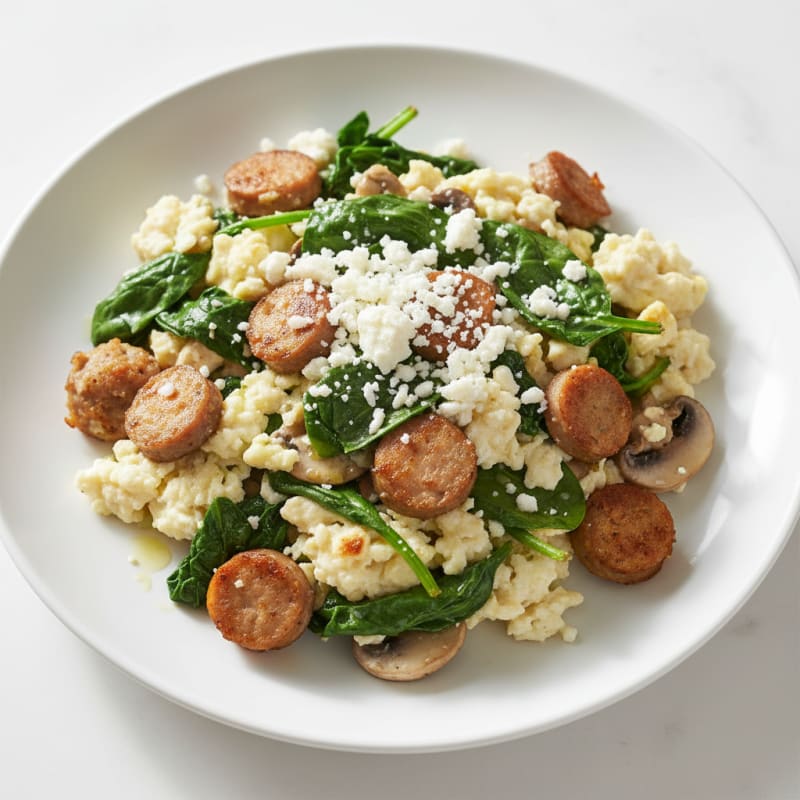 Egg White and Turkey Sausage Scramble with Spinach and Mushrooms