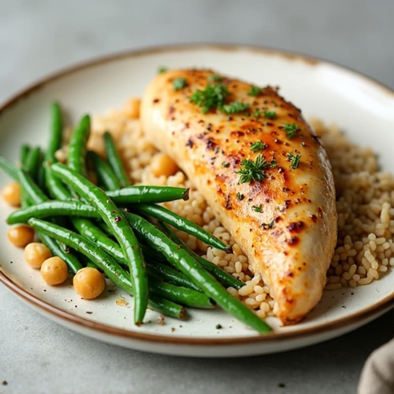 Herb-Roasted Chicken Breast with Garlic Rice and Steamed Green Beans