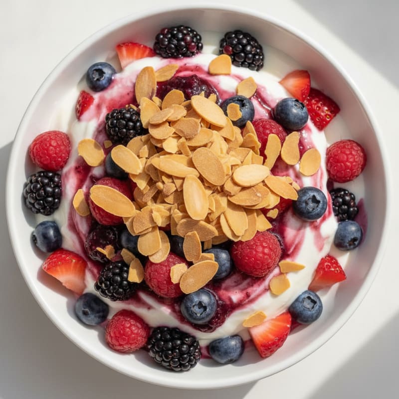 Greek Yogurt Protein Parfait with Mixed Berries and Almonds