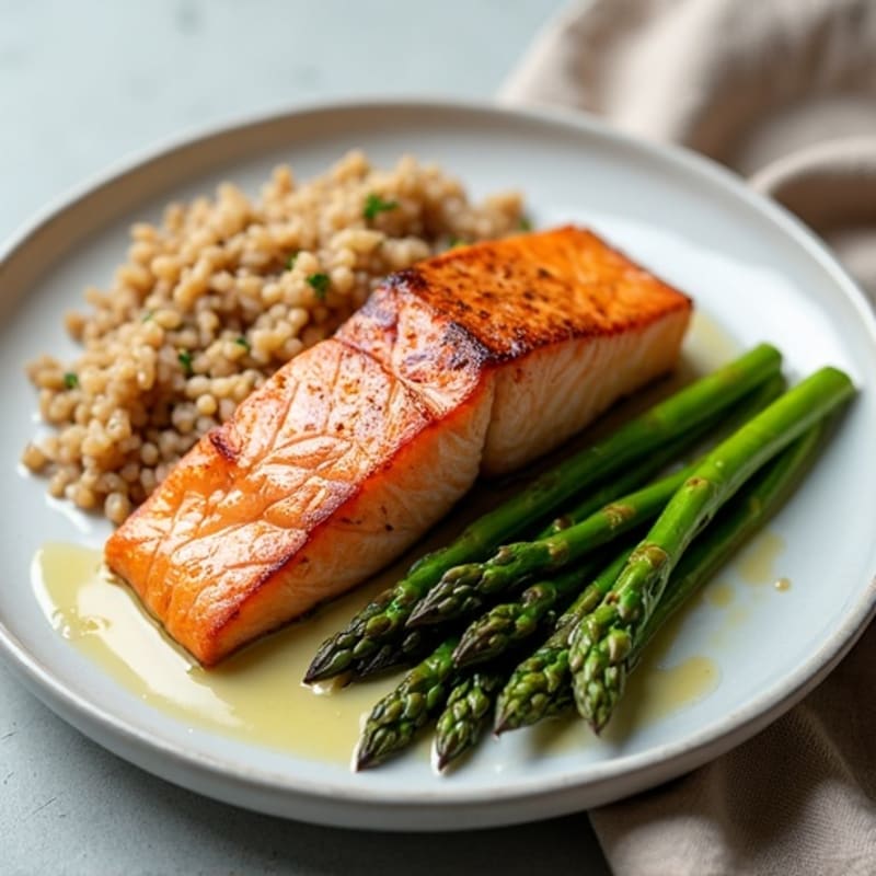 Seared Salmon with Steamed Asparagus and Brown Rice