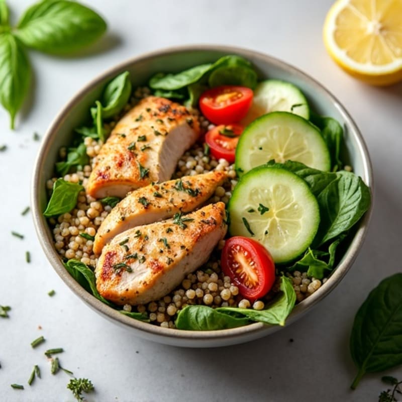 Herb-Marinated Chicken and Quinoa Bowl with Fresh Vegetables