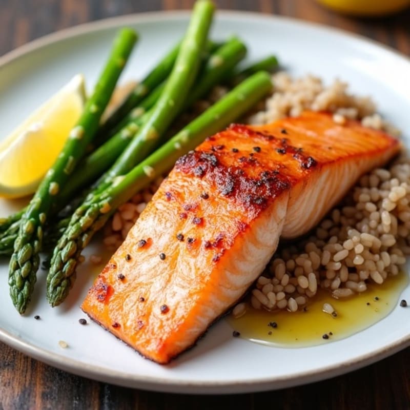 Seared Salmon Fillet with Steamed Asparagus and Brown Rice