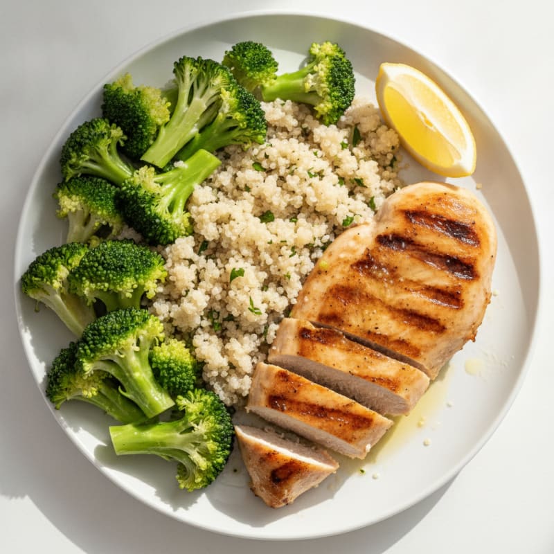 Grilled Chicken Breast with Steamed Broccoli and Quinoa