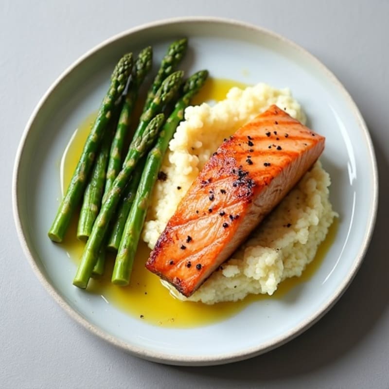 Seared Salmon with Steamed Asparagus and Garlic Cauliflower Mash