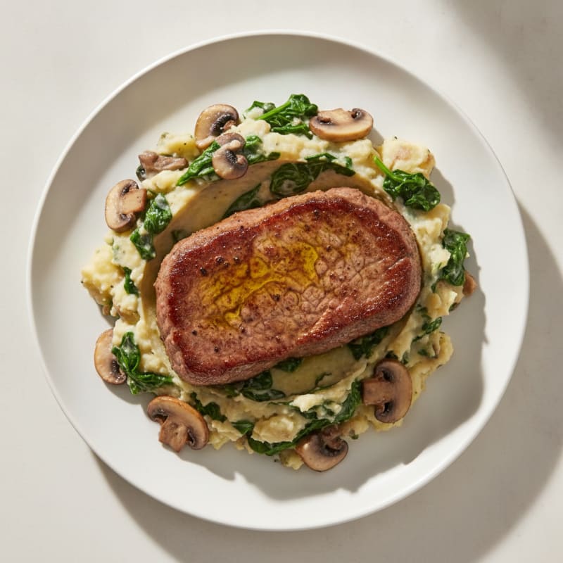 Pan-Seared Cube Steak with Mushroom Spinach Mash