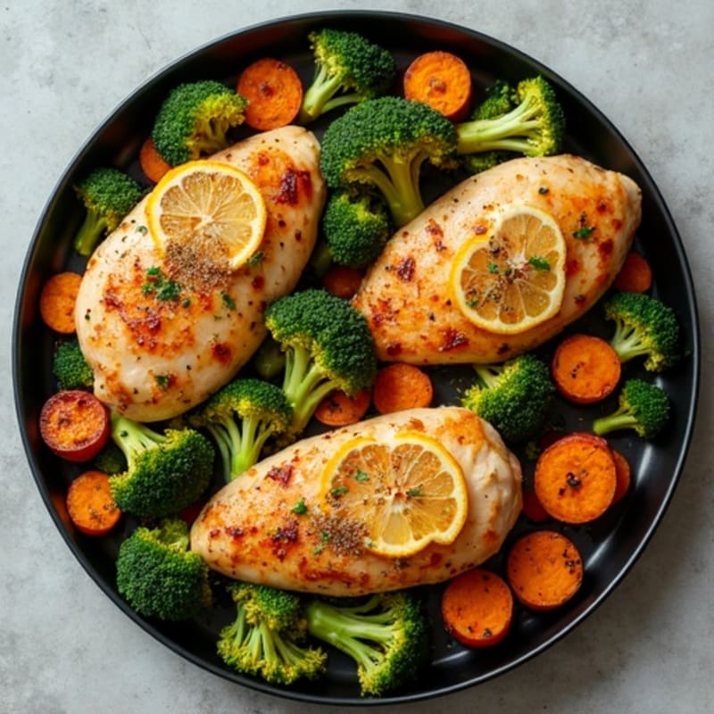 Sheet Pan Lemon-Garlic Roasted Chicken with Crispy Broccoli and Sweet Potatoes
