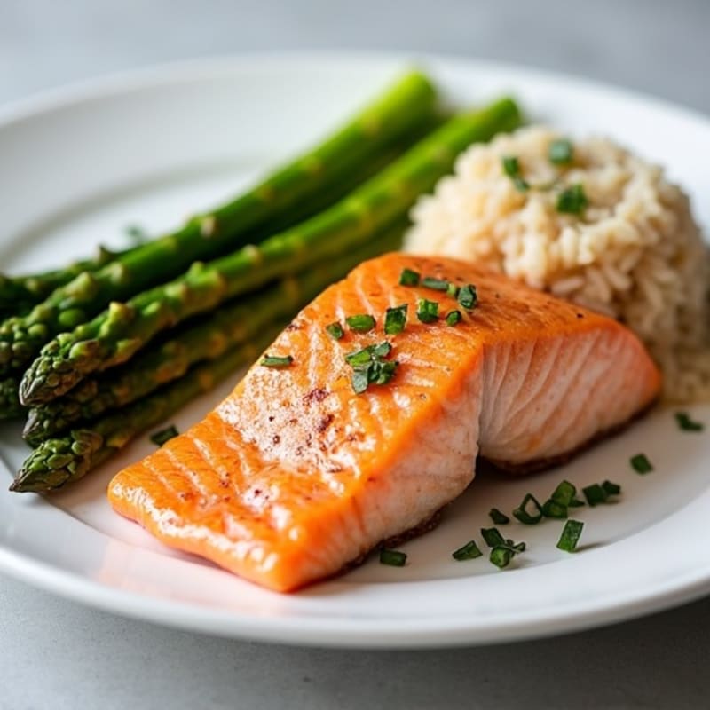 Seared Salmon with Steamed Asparagus and Brown Rice