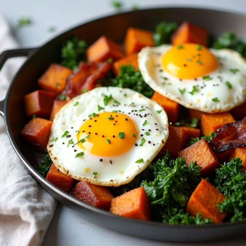 Sheet Pan Roasted Eggs with Crispy Sweet Potato and Greens