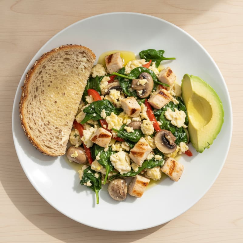 Egg White Scramble with Spinach, Mushrooms, and Grilled Chicken