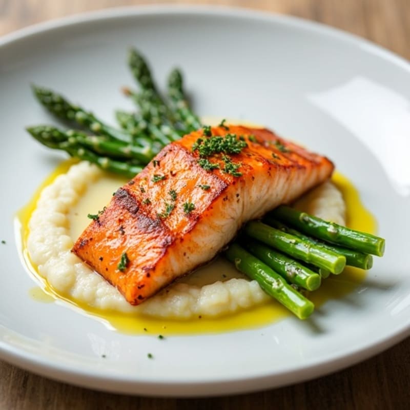 Seared Salmon with Steamed Asparagus and Cauliflower Mash