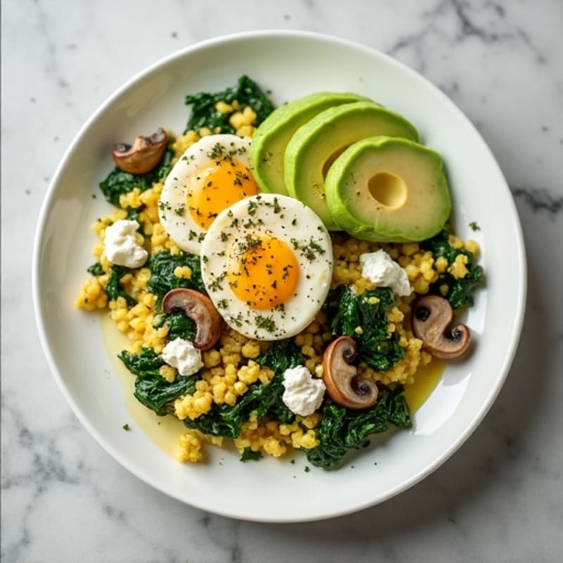 Egg White Spinach Scramble with Cottage Cheese and Sautéed Mushrooms