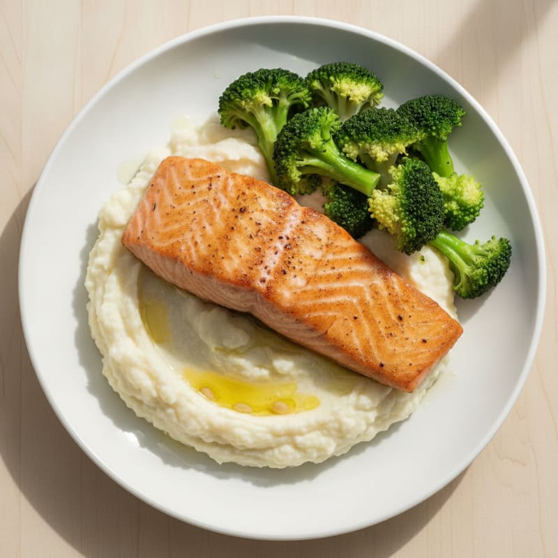Seared Salmon with Steamed Broccoli and Garlic Cauliflower Mash