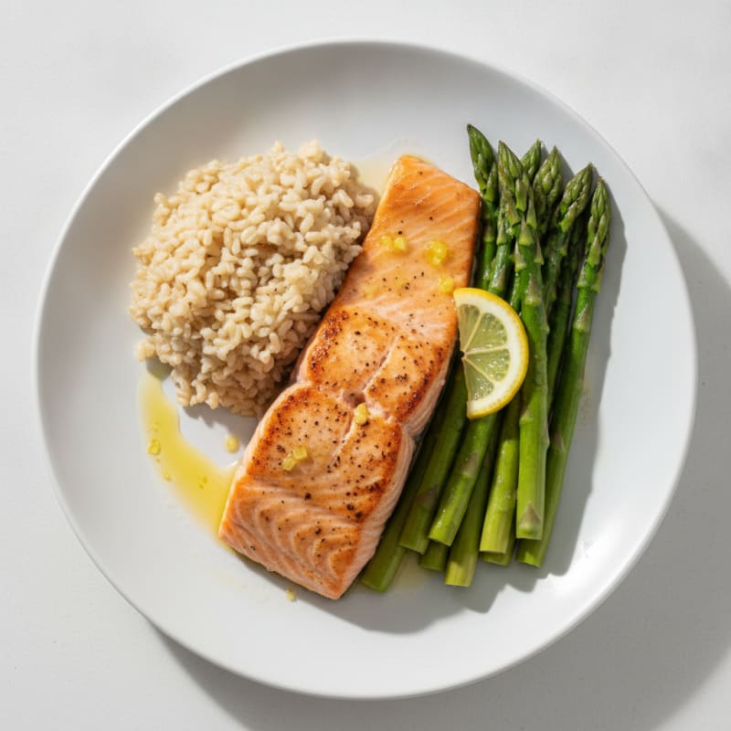 Seared Salmon with Steamed Asparagus and Brown Rice