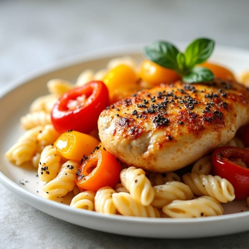 Spicy Pan-Seared Chicken with Creamy Pasta and Roasted Bell Peppers