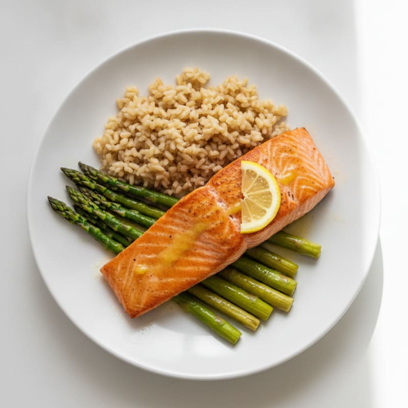 Seared Salmon Fillet with Roasted Asparagus and Brown Rice