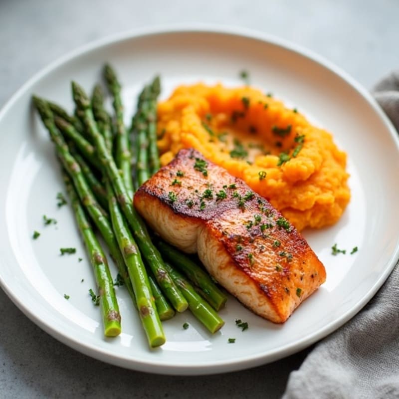 Seared Salmon with Steamed Asparagus and Sweet Potato Mash