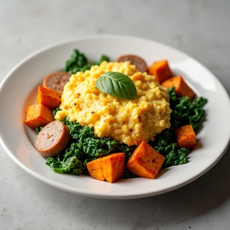 Egg White and Turkey Sausage Scramble with Spinach and Roasted Sweet Potatoes