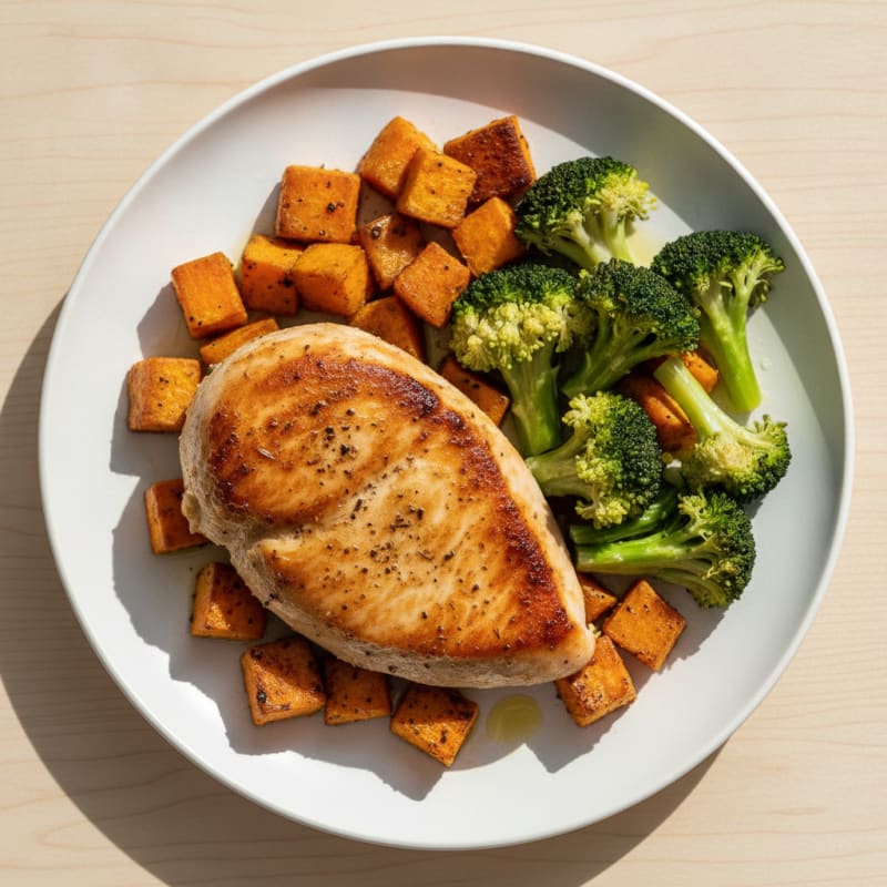 Seared Turkey Breast with Roasted Sweet Potato and Broccoli
