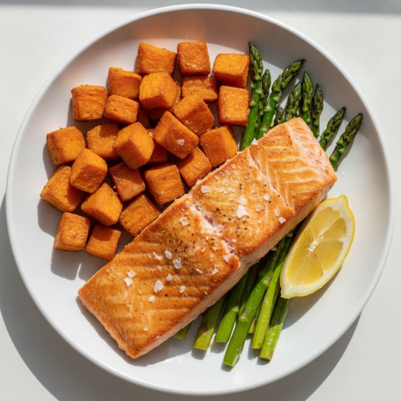 Seared Salmon Fillet with Roasted Sweet Potato and Asparagus