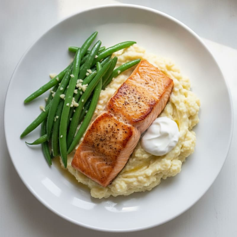 Seared Salmon Fillet with Steamed Green Beans and Garlic Mashed Cauliflower